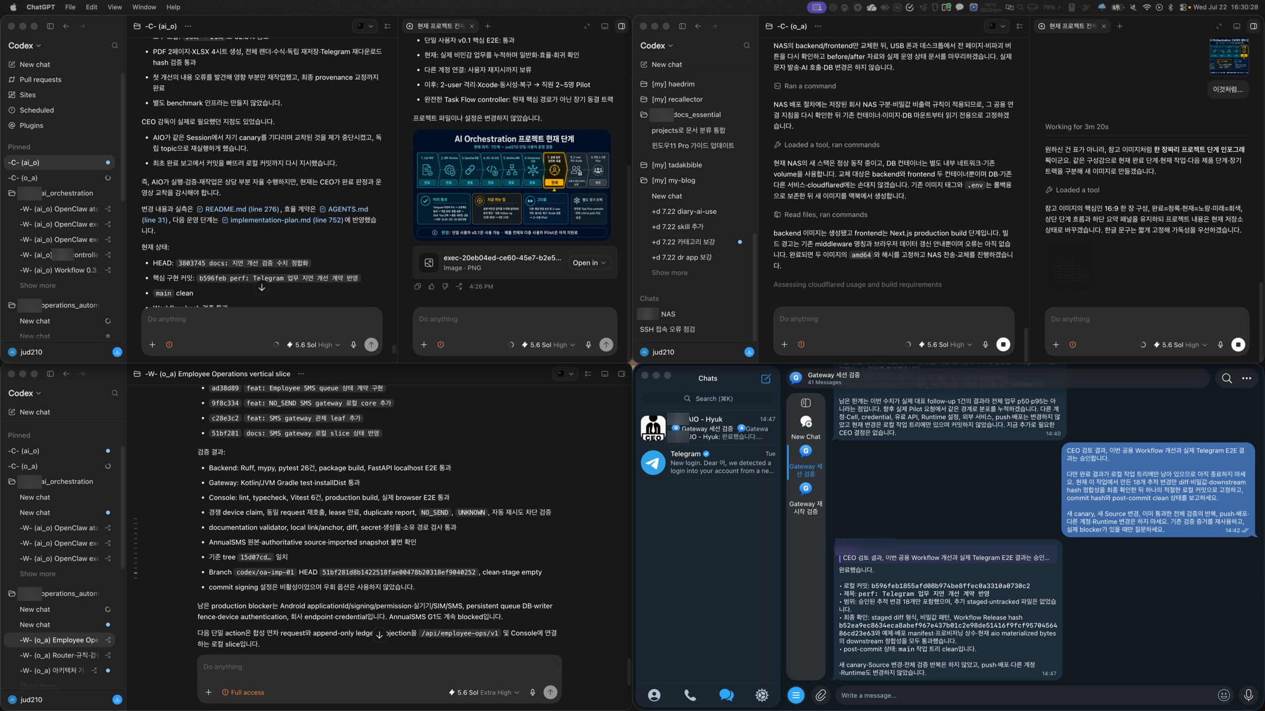 Lingkungan kerja yang menghubungkan deploy NAS, jalur SMS Android, beberapa sesi kerja AI, dan percakapan peninjauan dalam satu layar. Nama individu nonpublik dan label yang mengidentifikasi perusahaan diberi mosaik.