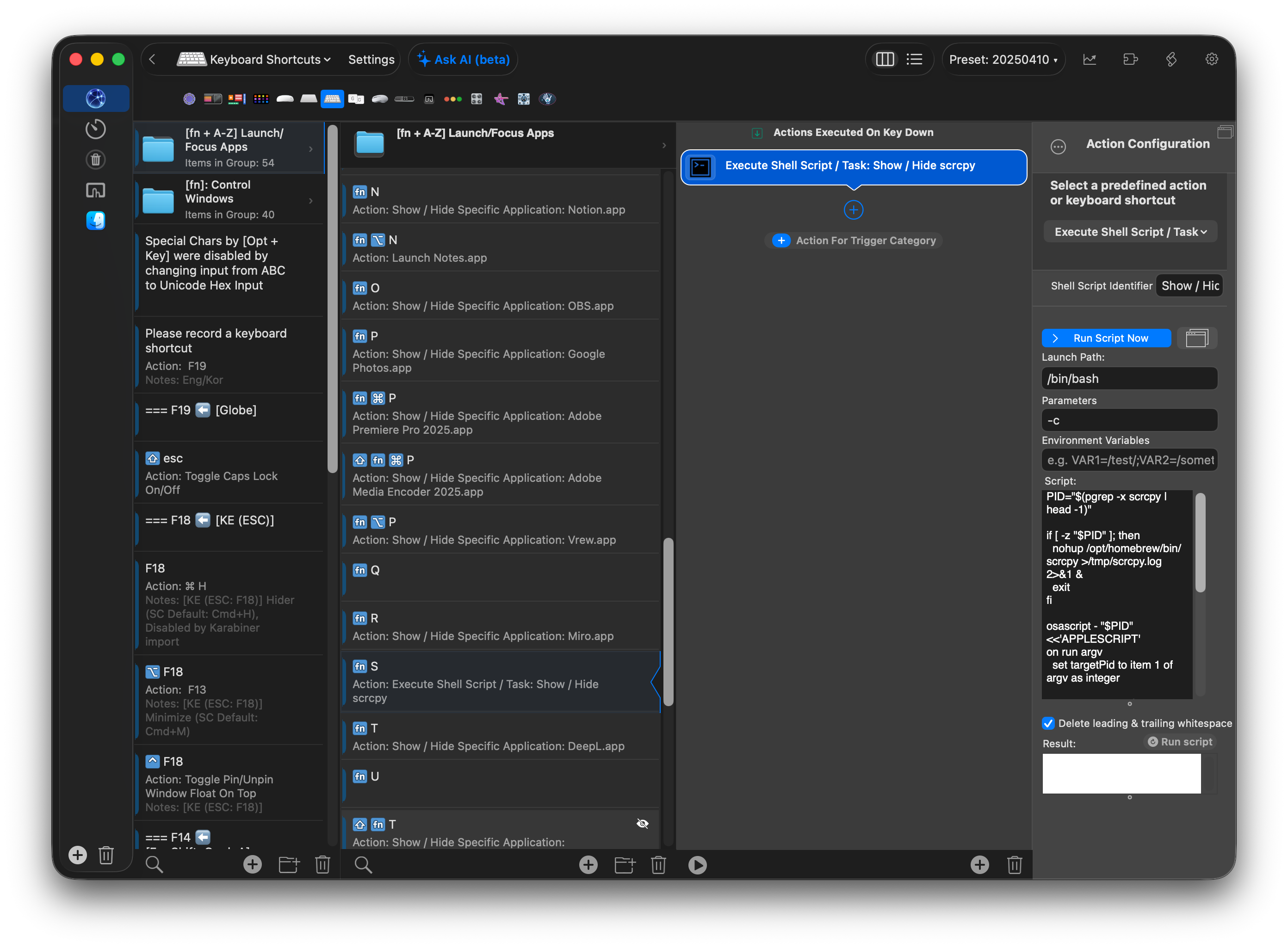 Pengaturan BetterTouchTool yang diubah menjadi shell script untuk mengendalikan proses scrcpy secara langsung