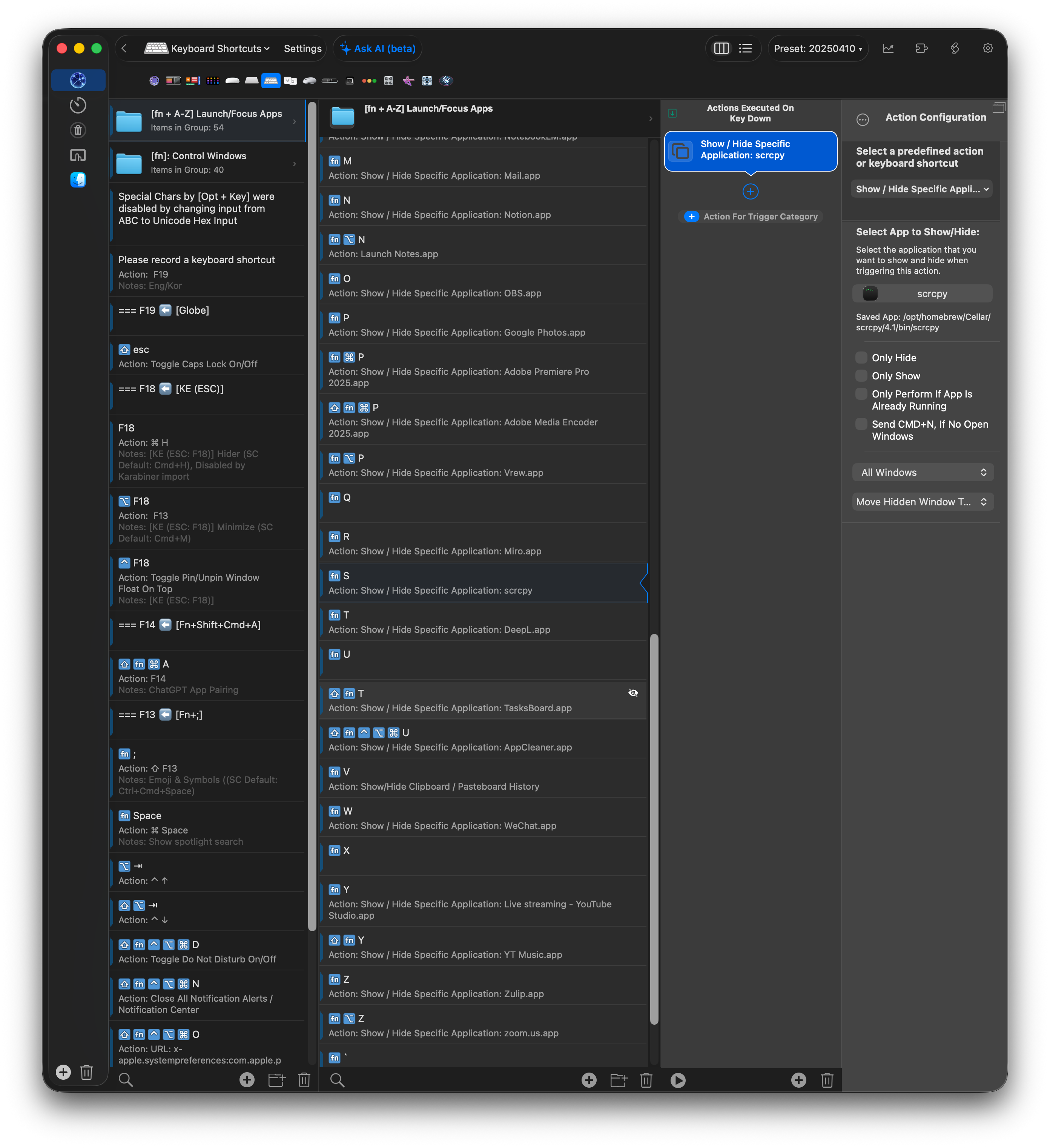 Pintasan BetterTouchTool yang dikonfigurasi dengan memilih scrcpy sebagai aplikasi tertentu