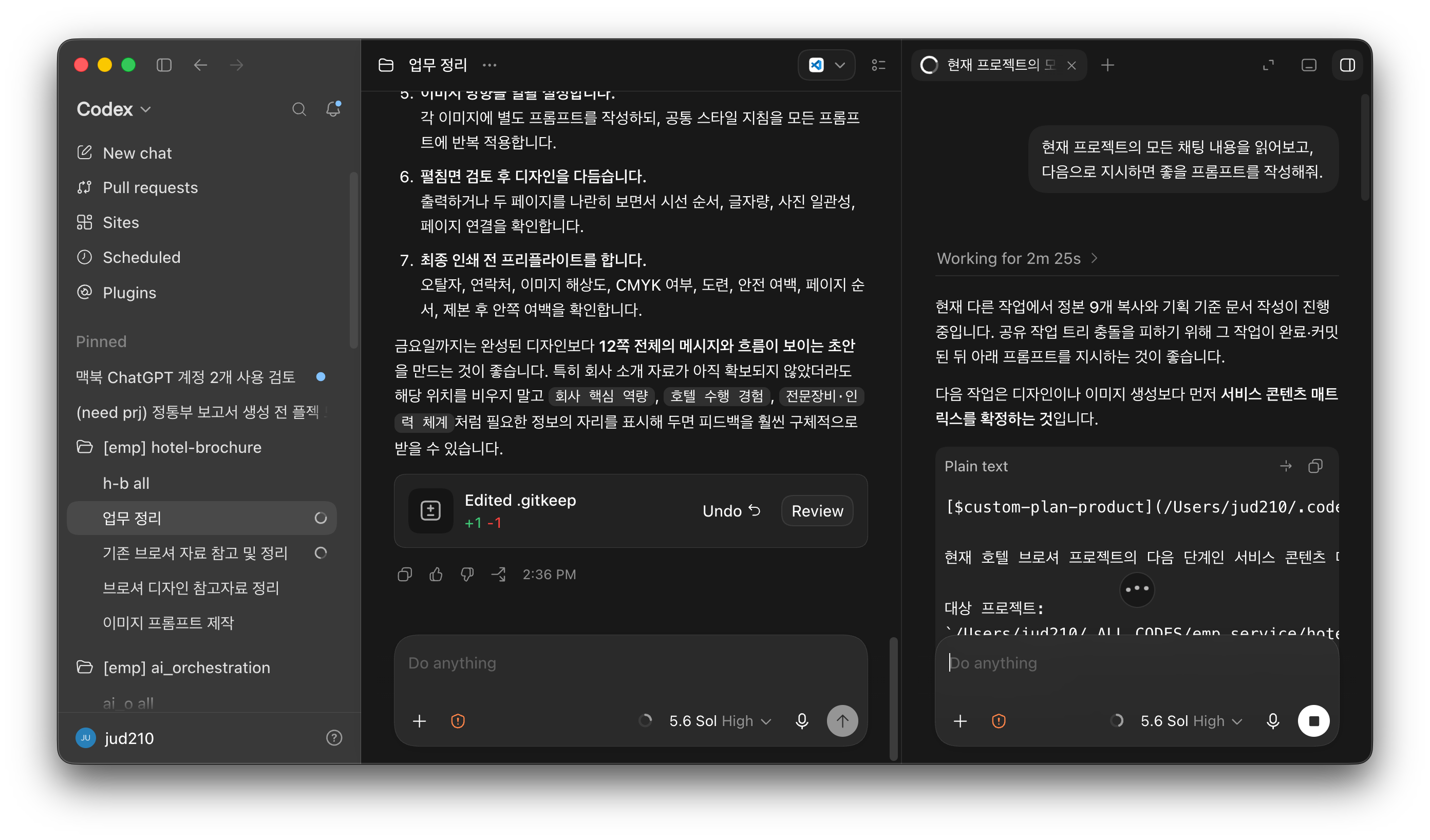 整理酒店宣传册制作工作的Codex画面