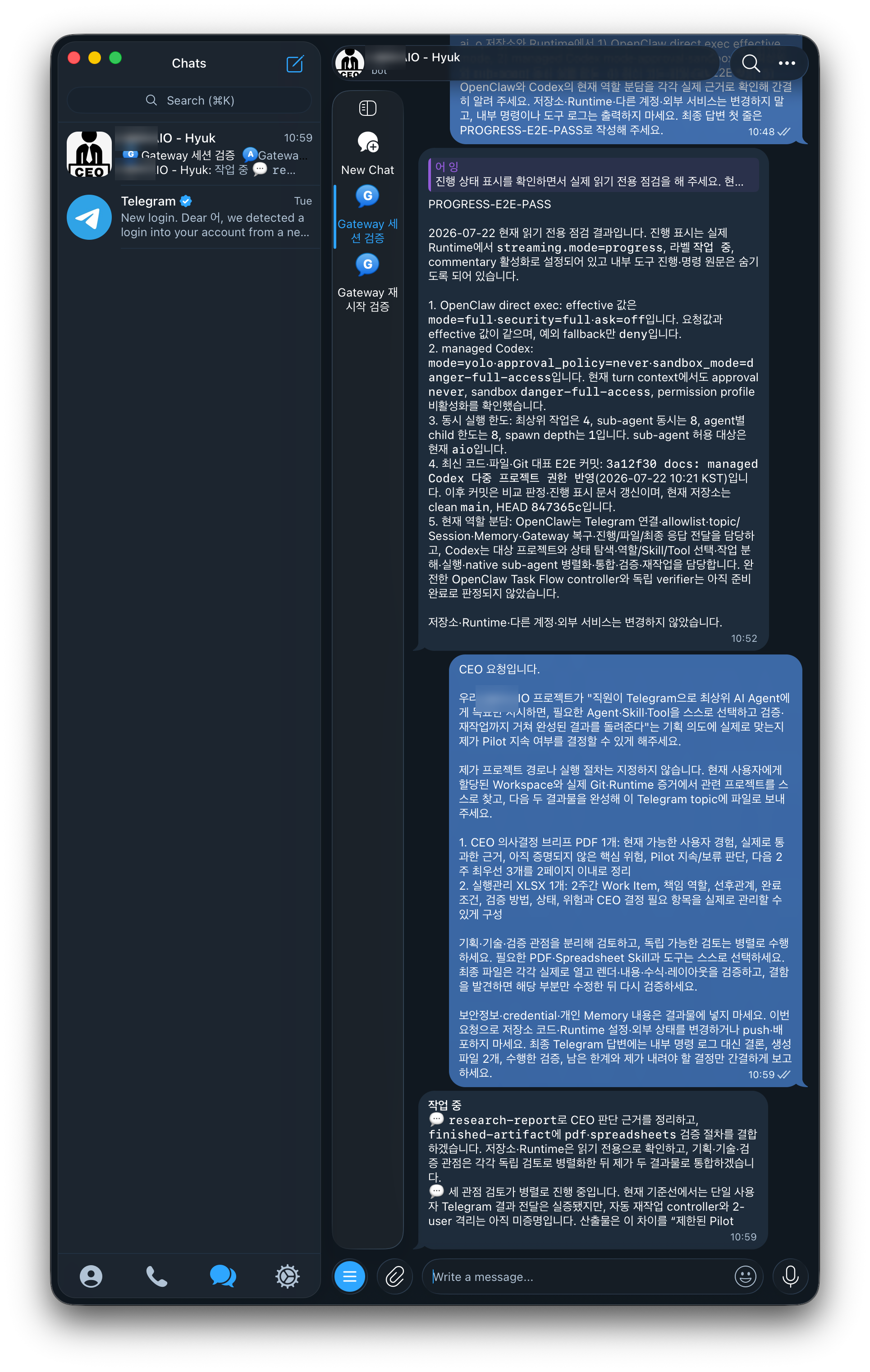 Layar AI Orchestrator yang memperbarui progres di Telegram dan mengembalikan hasil akhir