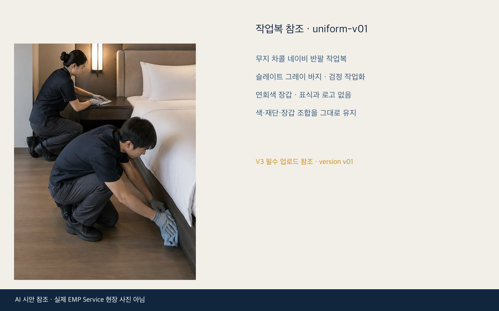 Papan referensi seragam untuk adegan layanan di kamar hotel